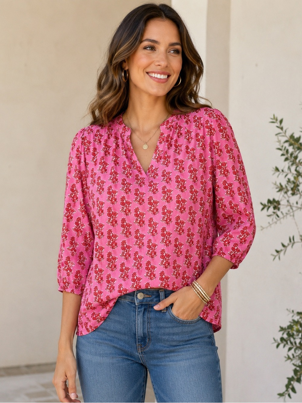 Ro’s Garden Delina Pink Red Floral Smocked Shoulder Cotton Blouse XS Boho‎ Top